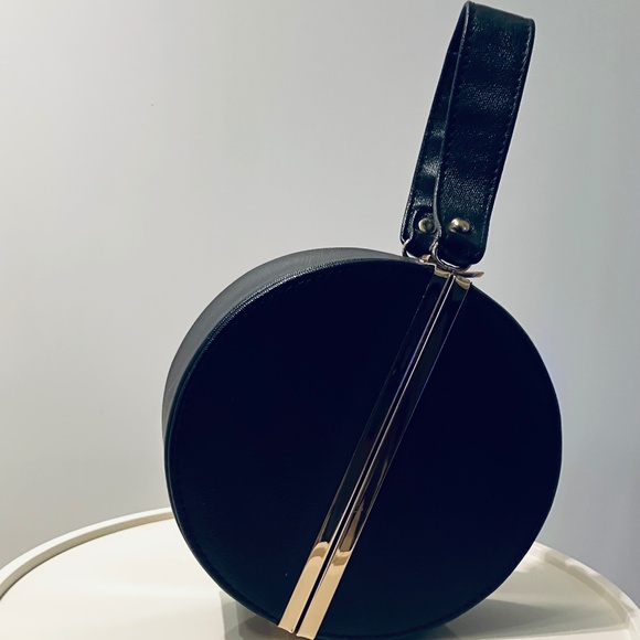1960s-Style Black Circular Structured Handbag with Gold Hardware - Picture 1 of 9